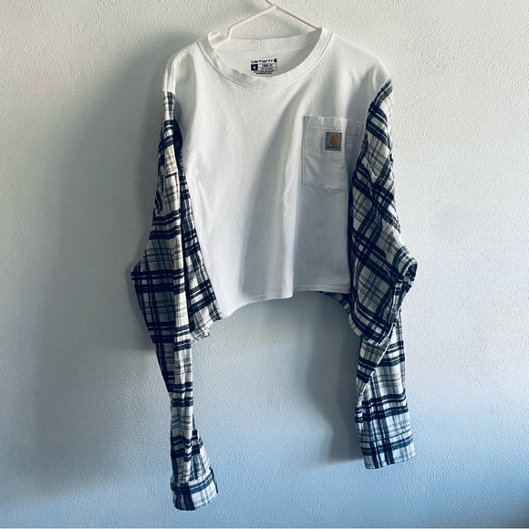 Carhartt Reworked Black Plaid White Long Sleeve Cropped Shirt - Picture 2 of 12